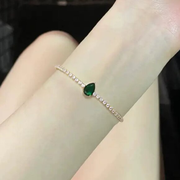 14K Gold Womens 2ct Green Emerald Teardrop Gemstone 1ct Diamond Tennis Bracelet - Picture 4 of 6